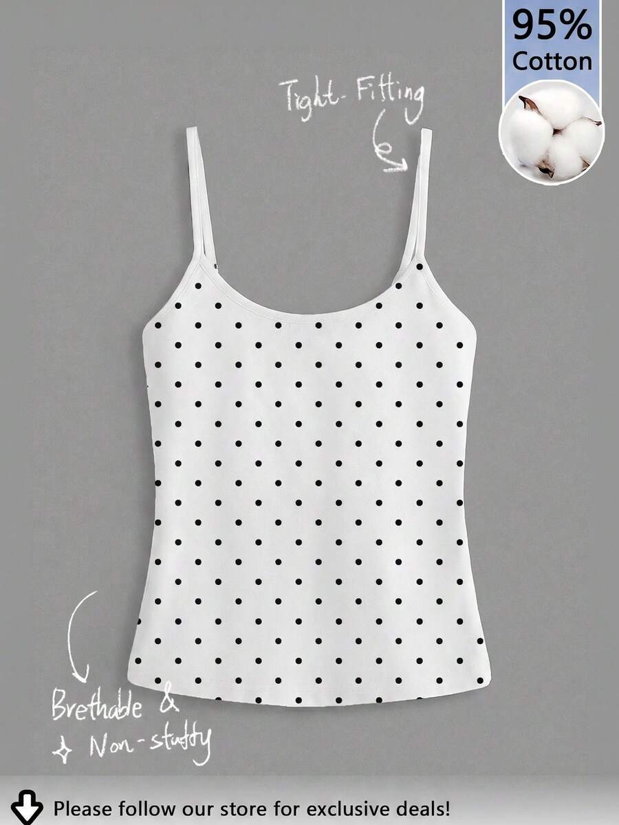 Tseoso 95% Baumwolle Schwarz & Weiß Polka Punkt Klassisch Elegant Damen Casual Slim-Fit Trägerhemd - Ganzjährig tragbar, süße Vintage Sommer Tops, Soft Girl & Clean Girl Y2K Retro Stil, vielseitig für Zuhause & Schule, Sport & Club Mode, Western Festival, süßes Date & Nachmittags-Tee Outfit, perfekt für Frühlings-/Sommerurlaub Reisen - Verschiedenfarbig - Übersicht 1