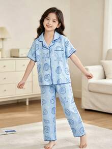 SHEIN Genkimix Kids 2件組青少年女孩可愛睡衣，貝殼與海星印花淡藍色睡衣，短袖缺口領上衣與長褲，夏季居家穿著，柔軟舒適 - 彩色 - 查看 6