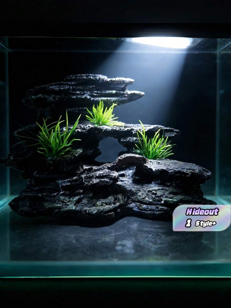 1PC Stacked Stone Statue Decor Aquarium Landscape Ornament Fake British Stone Layered Design With Artificial Grass Hide Cave For Fish Shrimp Zen Style Core Accent For Fish Tank Fish Lovers Turtle Keepers - A - View 1