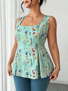 Elenzga Áo sơ mi cổ bẻ họa tiết hoa thanh lịch size lớn, phong cách đồng quê Pháp - Màu xanh Bạc hà - Xem 4