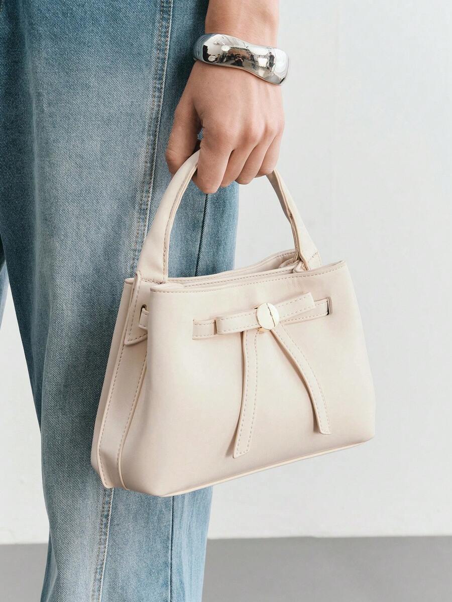 SHECARRY Bolso de mano de moda, bolso de viaje exquisito y sencillo con lazo - Beis - Ver 1