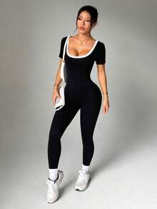 Dewbera Dewbera Women's Contrast Color Backless Short Sleeve Sports Jumpsuit - Black - View 3