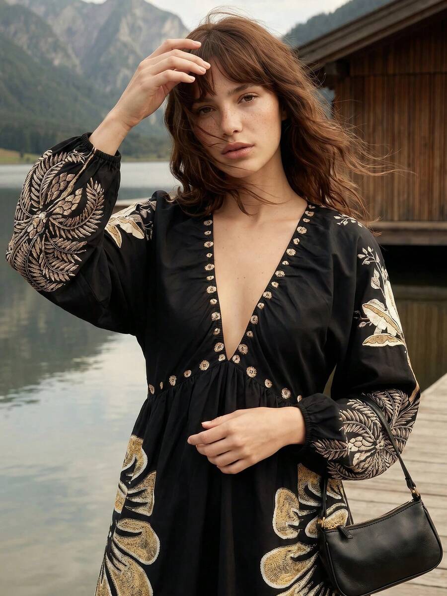 CAJUNI Chic Vacation Golden Embroidery Short Dress - Black - View 1