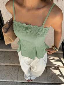 Siren Gaze Women's Summer Casual Vacation Patchwork Embroidery Mesh Cinched Waist Ruffle Hem Camisole - Mint Green - View 9
