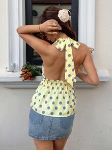 Serisse Women's Yellow Polka Dot Halter Backless Top, Summer - Multicolor - View 8