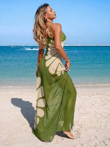 Swim Lushoire Women's Sleeveless Floral Print Sheer Long Cover Up, Fashionable Summer Cover-Up - Green - View 5
