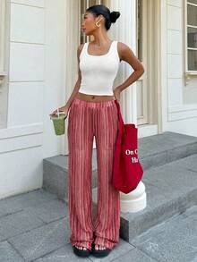 Muchica Bộ đồ nữ mùa hè thiết kế tối giản gồm áo tank top ôm sát và quần kẻ sọc, gồm 2 món. - Nhiều màu - Xem 4