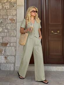 Dripcurv Plus Size Spring/Summer Casual Minimalist Versatile Striped 2 Pieces Suit Set, Women Blazer + Pants In Fall/Winter - Green - View 5
