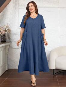 Lacomfia Plus Size Women Lace Patchwork Linen-Like Casual Everyday Dress - Blue - View 6