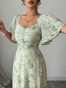 Modelyn 女士雪纺蝴蝶印花蝙蝠袖褶皱甜美法式夏季连衣裙 - 綠色 - 查看 6