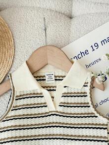 SHEIN LMoss Kids 女婴可爱夏季条纹 Polo 领背心和松紧腰荷叶边短裤套装 - 彩色 - 查看 6