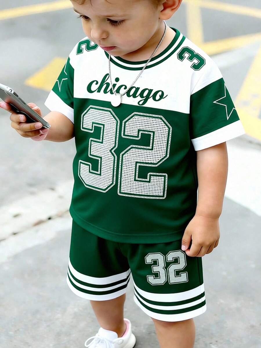 2pcs/Set Toddler Boys' Casual Creative Numeric 32, Chicago, Star Striped Colorblock Letter Graphic Print Short Sleeve T-Shirt And Shorts Set, Comfortable Daily Wear, Cozy Summer Styles Suitable For Spring And Summer - Multicolor - View 1