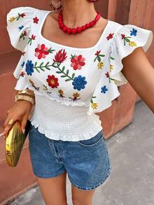 Flora Isola Flora Isola Women's Square Neck Ruffle Top, Fashionable Floral Print, Elastic Waist Design, Versatile For Daily Commute Vacation, Travel, Date, Summer White Boho - White - View 7