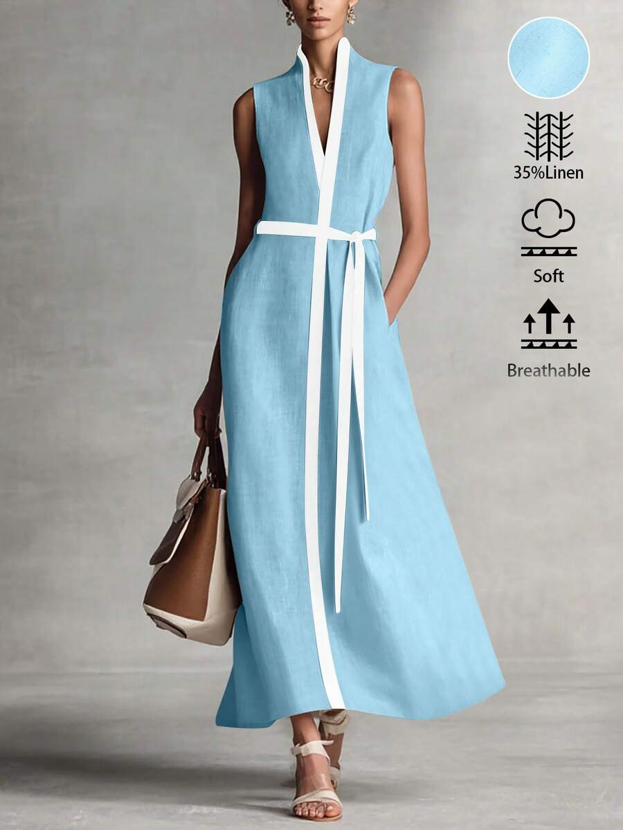 SHEIN LUNE 女款亞麻質感休閒拼色無袖洋裝 - 淺藍色 - 查看 1