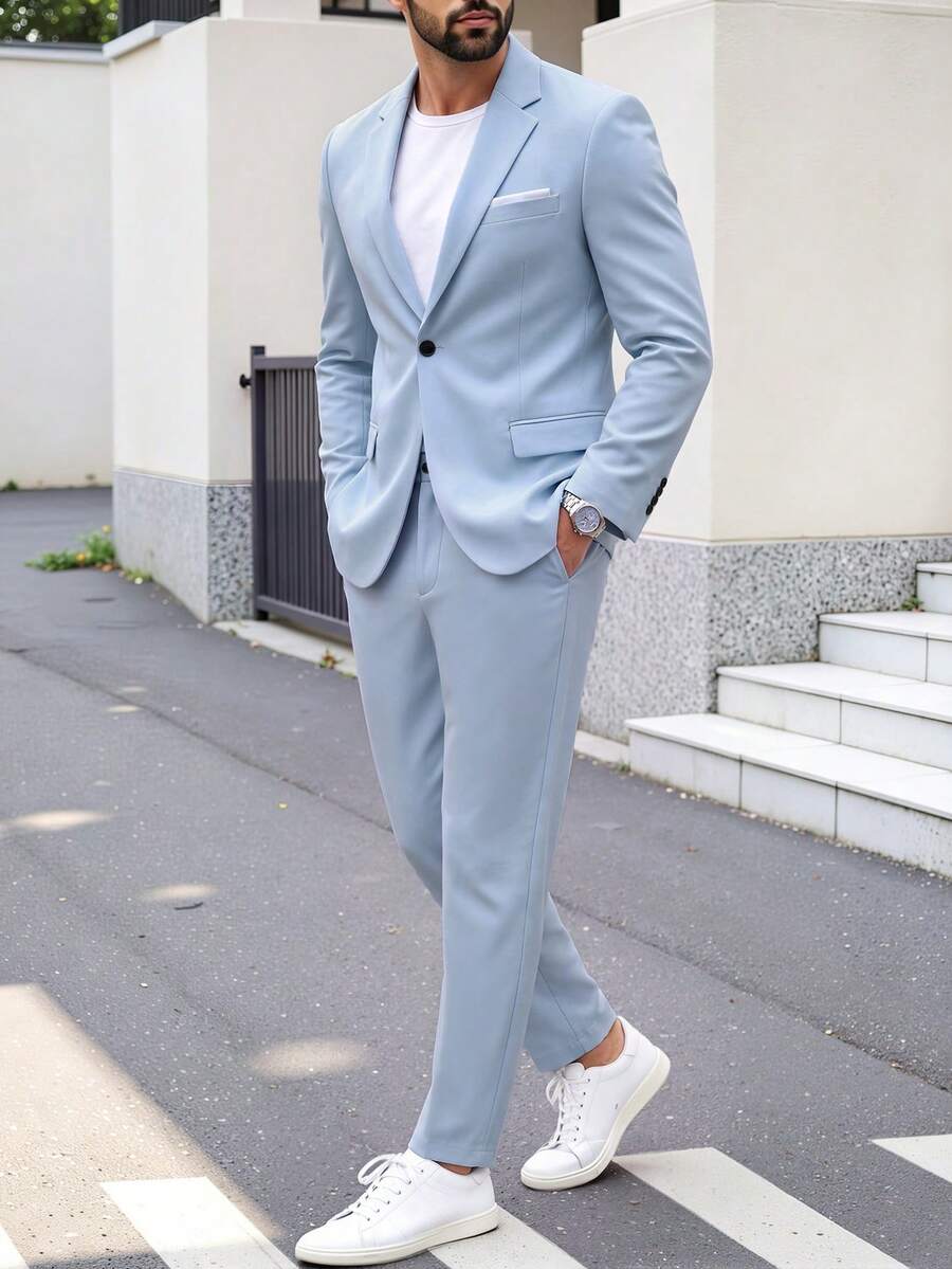Manfinity Bizformal 男士翻領長袖夾克與長褲套裝,儀式、正式 - 淺藍色 - 查看 1