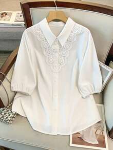 GlowEve CURVE Plus Size Women's French Elegant Intellectual Commuting Style Floral Lace Trim Solid Color Blouse, Suitable For Workplace Commute, Casual Daily Wear - White - View 1