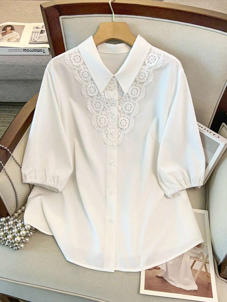 GlowEve CURVE Plus Size Women's French Elegant Intellectual Commuting Style Floral Lace Trim Solid Color Blouse, Suitable For Workplace Commute, Casual Daily Wear - White - View 1