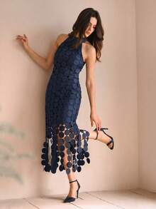 Anewsta Elegant Party & Beach Vacation Sleeveless Round Disc Tassel Mini Dress, High-End Exquisite Navy Blue - Navy Blue - View 3