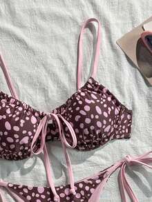Swim Mod 春夏季數位印花鋼圈托高吊帶上衣與側綁泳褲女款可愛比基尼套裝 - 粉色 - 查看 4