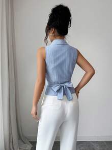 Selianne Áo kiểu không tay bằng cotton, cổ chữ V, thắt eo, nơ, in họa tiết, thanh lịch, lãng mạn dành cho nữ. - Nhiều màu - Xem 2