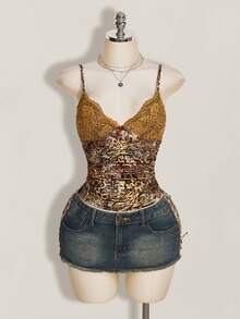 SHEIN ICON Spaghetti Strap Leopard Print Lace Trim Camisole,Summer Top - Brown - View 4
