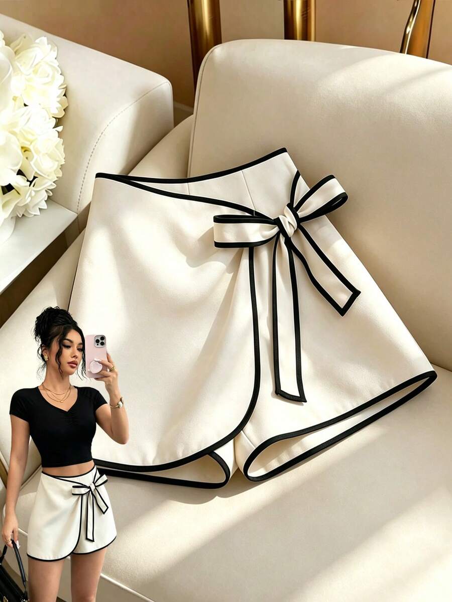 GlowEve Women's Summer Elegant Casual Shorts With Bow Tie Waist Decoration And Ruched Design Brunch White And Black - Apricot - View 1