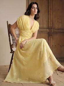 Anewsta Nuevo Vestido Elegante con Bordado Floral de Primavera/Verano - Amarillo - Ver 3
