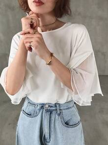 FRIFUL Women's Summer Solid Color Round Neck Short Sleeve Mesh Patchwork Sheer T-Shirt - White - View 8