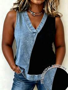 EMERY ROSE New Arrival Contrast Color Denim Effect Print Plus Size Camisole - Multicolor - View 1