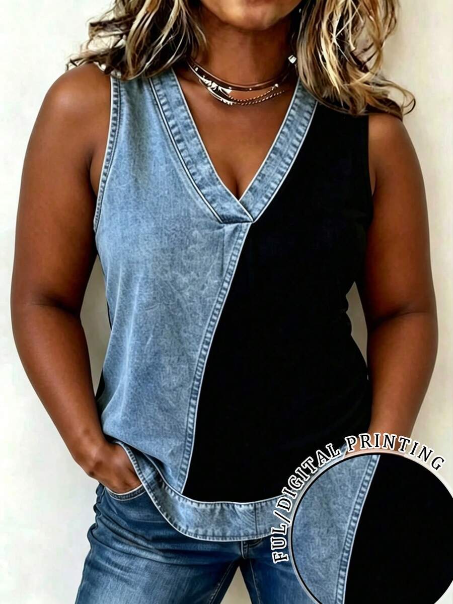 EMERY ROSE New Arrival Contrast Color Denim Effect Print Plus Size Camisole - Multicolor - View 1