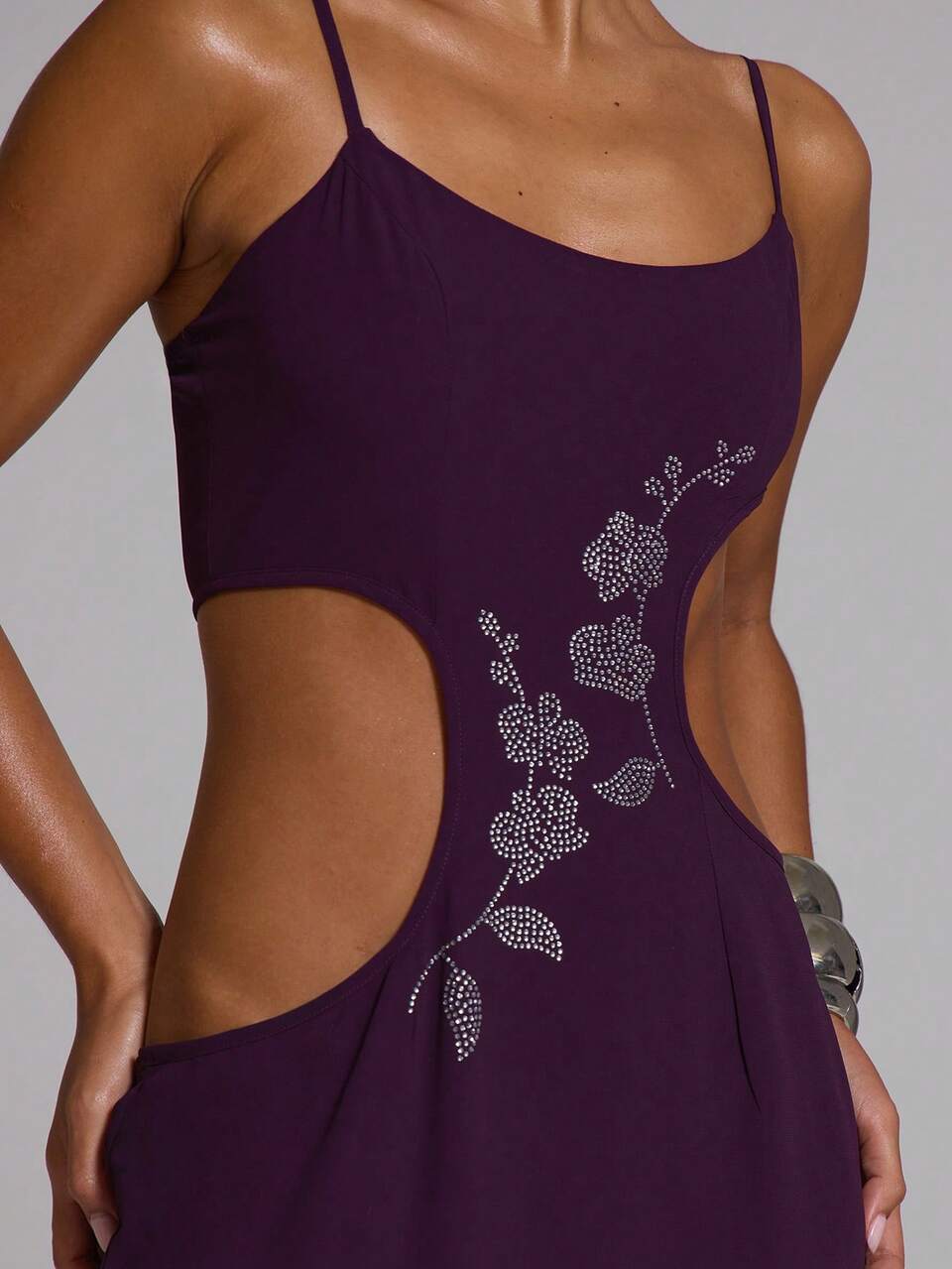 Vestido Longo Maxie com Recortes e Aplicações Hotfix, Sexy, Primavera/Verão, Noite, Elegante, Encontro, Férias, Noite com Amigas, Saída, Obsidiana