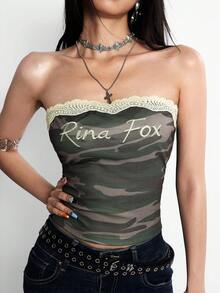 Rina Fox 女士迷彩字母印花蕾丝拼接露脐吊带背心，性感夜店装 - 綠色 - 查看 6