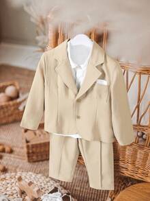 2pcs Elegant Young Gentleman's Suit Set For Wedding, Prom, Graduation - Warm Beige Color Blazer And Trousers, Bringing Proper Elegance For Little Gentlemen In Spring And Summer - Khaki - View 3