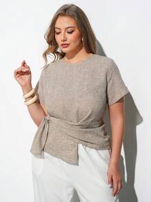 Maija Plus Size Casual Top Office Formal Wear, Waist Pleated Bow Knot, Elegant Wedding Guest, French Luxury Autumn Outfit Back To School Clothes Halloween - Beige - View 6