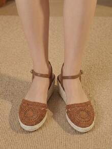 Styleloop Giày nữ, màu nâu, giày rơm đan bằng dây gai dầu, sandal đế xuồng, giày giúp tăng chiều cao, phong cách bohemian cho kỳ nghỉ. - màu nâu - Xem 3