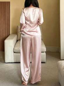 DAZY 2pcs Set Piyama Longgar Leher V Polos dengan Motif Renda, Atasan Lengan Panjang dan Celana, Musim Gugur/Musim Dingin untuk Wanita - Berwarna merah muda - View 2