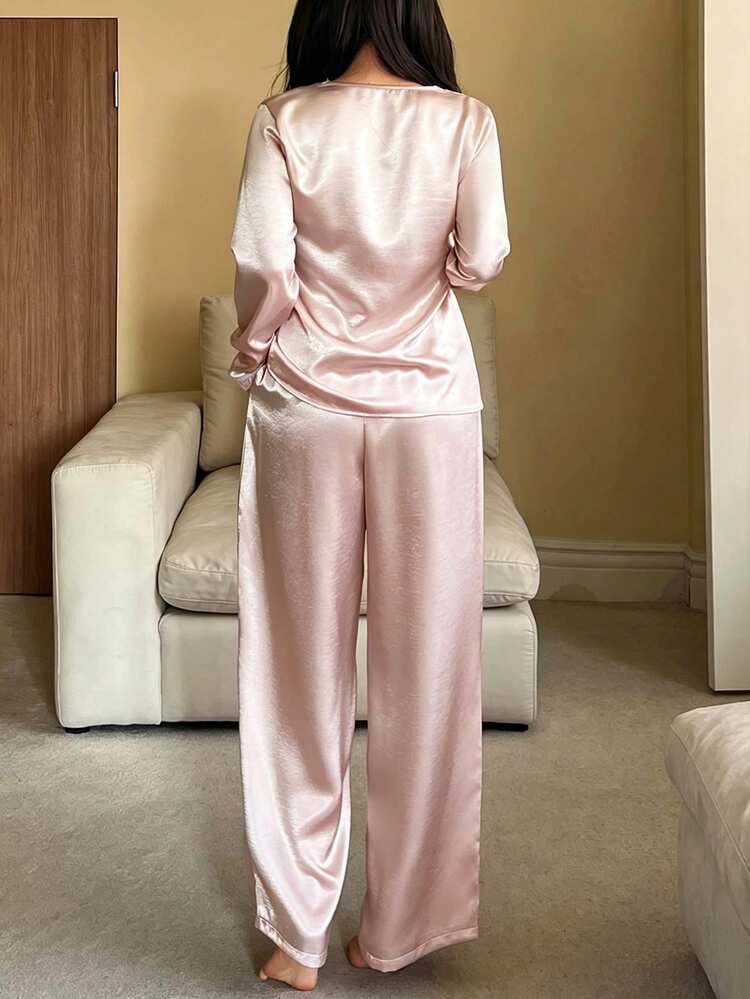 2pcs Lace Patchwork Solid V-Neck Loose Pajama Set, Long Sleeve Top And Pants, Autumn/Winter Women