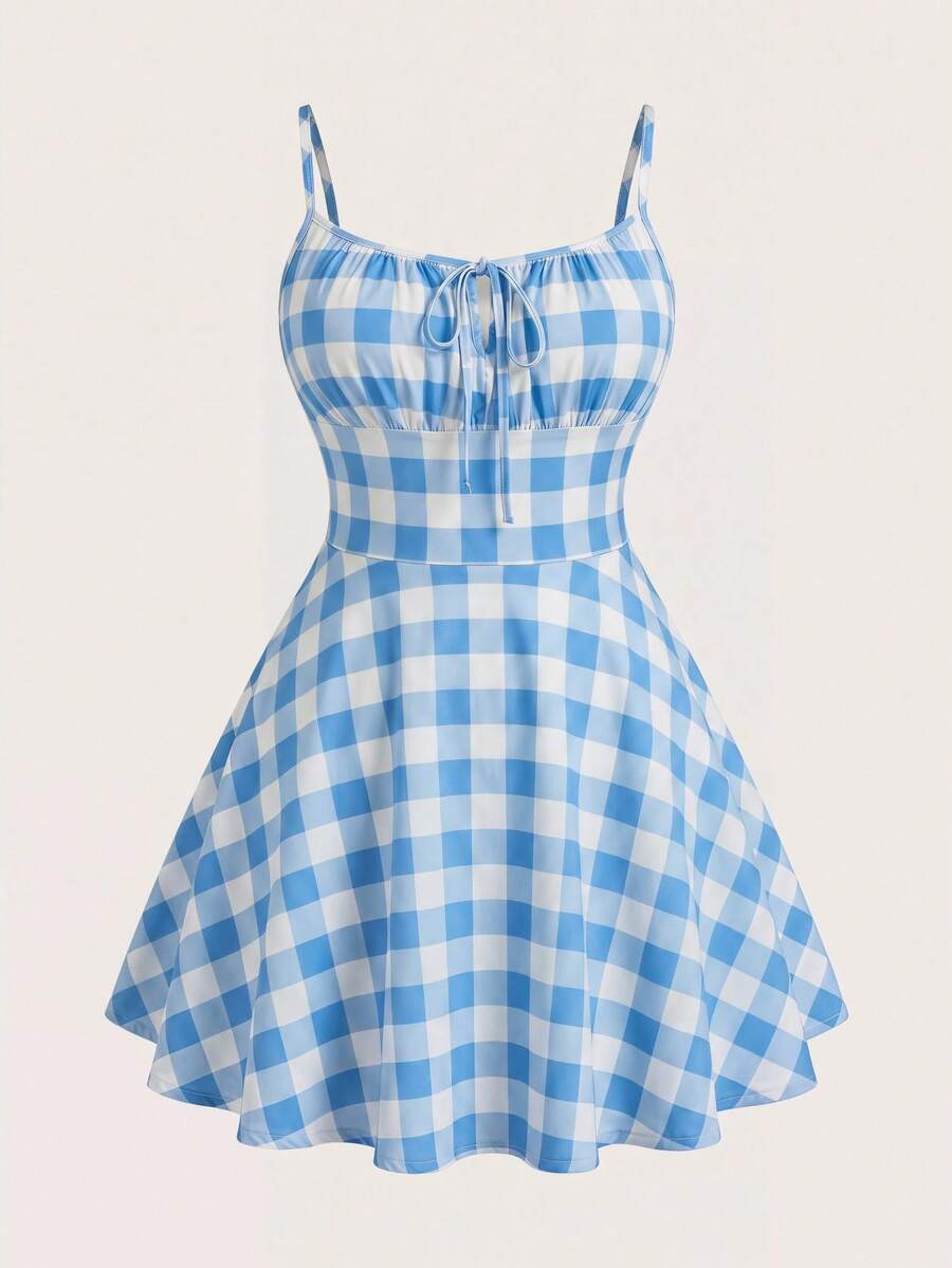 Solavibe Cottage Core Curve White Knit Bodycon Mini Dress With Spaghetti Straps, Summer Vacation - Blue and White - View 1