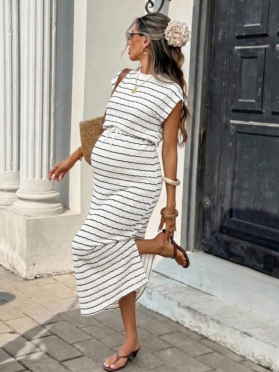 SHEIN Maternity Vacation Textured Striped Contrast Color Tie Waist Round Neck Dress - White - View 1
