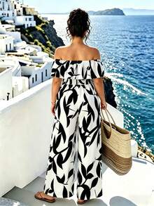 Linhara CURVE Plus Size Floral Print Off-Shoulder Ruffle Jumpsuit - White - View 2