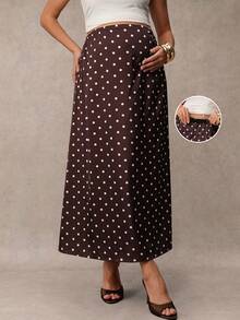 MaterniChic Maternity Bottoms Autumn Pregnant Versatile Polka Dot Print Adjustable Waist Maxi Skirt Baby Shower Fall Elegant - Brown - View 3