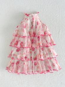 Cozy Pixies Baby Girl Summer Elegant Floral Print 3D Flower Decor Multi-Layer Halter Neck Dress - Pink - View 2