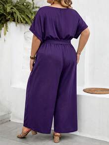 SHEIN CURVE+ 大尺碼 US22 音樂節、海邊度假、波希米亞風女款優雅圓領修身寬腿連身褲 - 紫色 - 查看 2