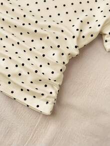 SHEIN Tween Girls' Brown Knit Casual Minimalist Polka Dot Print Ruched Waist Cropped Top, Suitable For Spring/Summer, Casual, Stylish Outfit - Apricot - View 5