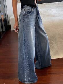 DAZY Distressed Washed Rhinestone Decor Casual Vacation Wide Leg Jeans For Women - Blue - View 3