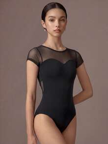 SHEIN Conjunto deportivo de una pieza para adolescente, cuello redondo elástico con malla de contraste, verano, vuelta a la escuela, universidad - Negro - Ver 4