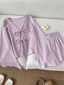 Resyla Women's Solid Color Minimalist Long Sleeve Shirt And Shorts Set, Casual Daily Wear Vacation Lilac Purple Autumn - Mauve Purple - View 1