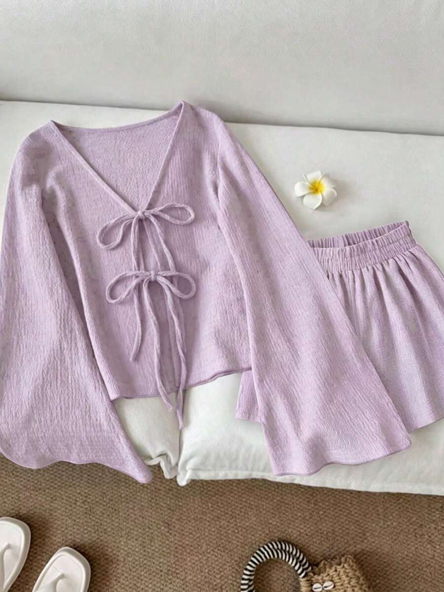 Resyla Women's Solid Color Minimalist Long Sleeve Shirt And Shorts Set, Casual Daily Wear Vacation Lilac Purple Autumn - Mauve Purple - View 1