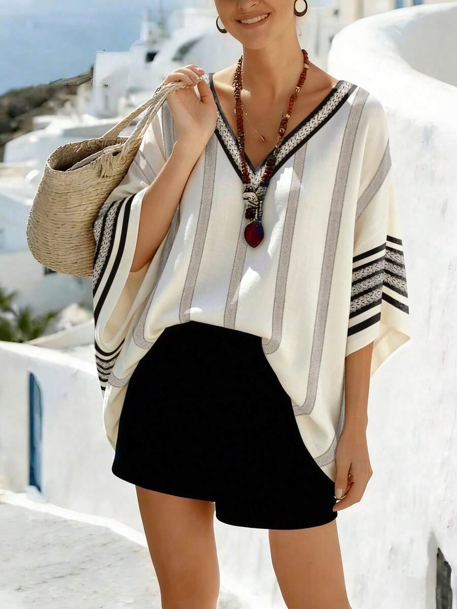 EMERY ROSE 大码休闲复古条纹印花V领宽松短袖罩衫，沙滩罩衫，女士夏季条纹上衣 - 彩色 - 查看 1