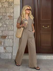 Dripcurv Plus Size Spring/Summer Casual Minimalist Versatile Striped 2 Pieces Suit Set, Women Blazer + Pants In Fall/Winter - Khaki - View 5